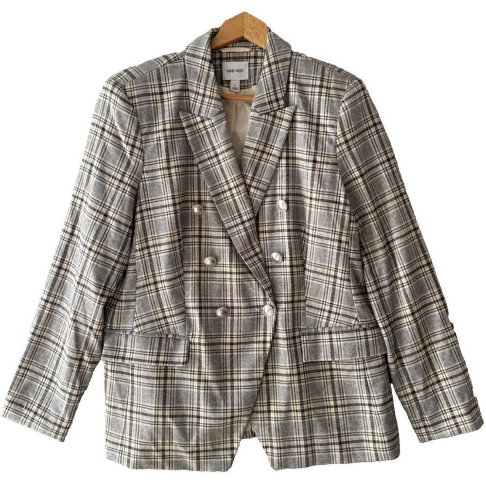 Women's Checked Plaid Blazer Double-breasted Classic Career Gray Cream Size L